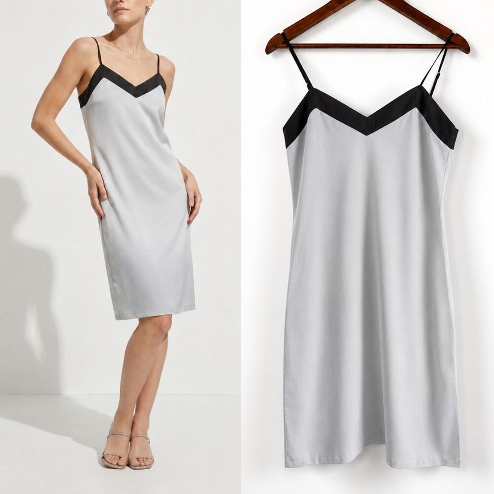 Silky Slip Dress Womens Small Light Gray Black Trim Spaghetti Strap Midi